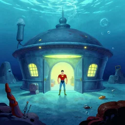 a secret underwater superhero base | homebase secret headquarters of a water based super hero | 1 9 7 0's style animation | in the style of archer | superfriends style art | cartoon realism | by alex toth