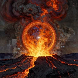 intergalactic stargate portal in the middle of a volcanic eruption, with lava and ash all around it by alphonse mucha