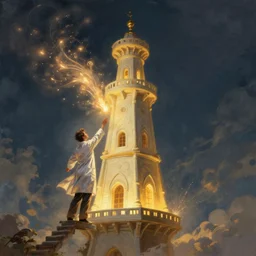 A man dressed in a lab coat is throwing glowing obs from an ivory tower, drawn in the digital art style