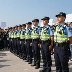 police lined up, standing against the crowd of protesters with blank posters, сlear sky, concept art, intricate details, highly professionally detailed, cgsociety, highly detailed -
