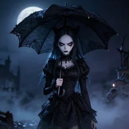 full shot portrait of angry darkness cute anime girl at moonlight, gothic wearing, umbrella, inspired by Tim Burton, Norihiro Yagi, WLOP, Marc Simonetti, Amano, Andrei Riabovitchev, detailed, unreal engine 4k volumetric light, fog,