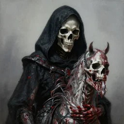portrait painting of death, apocalyptic rider, wearing black hood, covered in blood, ultra realistic concept art intricate