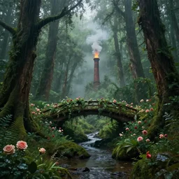 handmade stunning landscape of a big and deep forest, ornate, beautiful, atmosphere, vibe, mist, smoke, fire, chimney, rain, wet, pristine, puddles, melting, dripping, creek, lush, bridge, forest, roses, flowers, by stanley artgerm lau, greg rutkowski, thomas kindkade, alphonse mucha, loish, norman rockwell octane render, 8 k hd resolution, high quality image