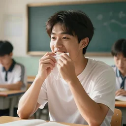 asian man trying to wipe teeth at a classroom. mem