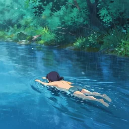 a girl swimming in a river during the rain, shady, blue water, trees. vibrant colors, soft lighting, adventurous, atmospheric lighting, 8 k, octane render. by makoto shinkai, stanley artgerm lau, wlop, rossdraws, james jean, andrei riabovitchev, marc simonetti, krenz cushart, sakimichan, d & d trending on artstation, digital art.