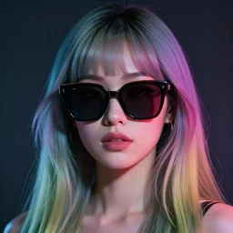 portrait art of an beautiful muted vaporwave ombre stylish retrofuturistic woman wearing oversized sleek euro sunglasses by ken kaneki 8 k ultra realistic, atmosphere, glow, shaded, full of colour, cinematic lighting, trending on artstation, 4 k, focused, extreme details, rtx, by patrick nagel, bold clean lines