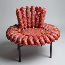 a round bench made of salami, studio photography, 5 0 mm