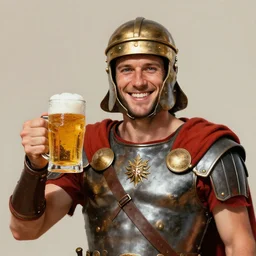 a happy roman gladiator holding beer glass. gladiator. smiling. art by martin ansin, martin ansin artwork. portrait.