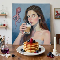 “ sensual, a portrait in a female art student ’ s apartment, pancakes, woman drinking an iced latte from inside a painting, berries, octopus, scientific glassware, art supplies, a candle dripping white wax, berry juice drips, neo - expressionism, surrealism, acrylic and spray paint and oilstick on canvas ”