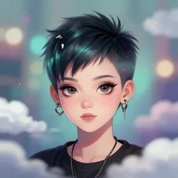 portrait of a cute pixie tomboy, punk, emo. len blur background bokeh. art by ismail inceoglu and filip hodas. clouds by rhads.