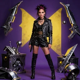 beautiful fantasy character portrait, natalie portman, boots, wearing a emo outfit, leather jacket, silver studs, punk hair, ultra realistic, dramatic purple and yellow lighting, metallica artifacts, highly detailed by peter mohrbacher, hajime sorayama, wayne barlowe, boris vallejo, aaron horkey, gaston bussiere, craig mullins