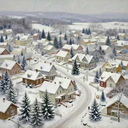 a christmas village, aerial view, wide angle, snowing, pine trees, victorian era, 8 k, high detail, oil painting
