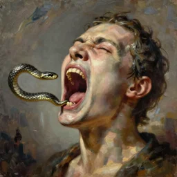 A disembodied head screaming + snakes slithering out of its mouth, oil painting, surrealism style
