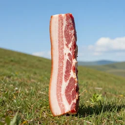 man made of canadian bacon, standing on a hill, hyperrealistic