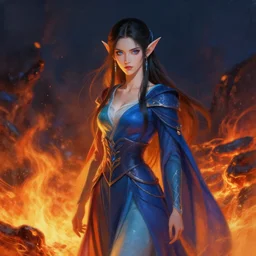 portrait painting of fire and ice elf, female, muticolores robes, dichotomy, beautiful, in the lava, illustration, by rossdraws, genzoman, artgerm