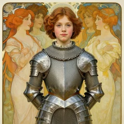 realistic detailed painting of a 1 6 - year old girl who resembles millie bobby brown and saoirse ronan with a shy, blushing, coy expression wearing intricate, detailed, art nouveau chainmail plate armor with her arms behind her back by alphonse mucha, ayami kojima amano, charlie bowater, karol bak, greg hildebrandt