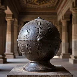 an iron ball with weird symbols engraved on it, the ball is on a pedestal in a midle of a room in an antic temple. the light enter the room by a hall in the ceiling. close - up