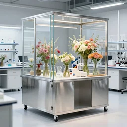 flower shop by white science labotory made of stainless steel and translucent glass, labotory equipment