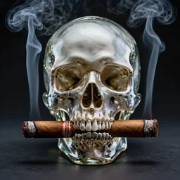 a detailed portrait of a glass skull smoking one perfectly symmetrical cuban cigar, cinematic photography, smoke rising like clouds, beautifully symmetrical, super resolution, cgi, trending on art station, volumetric lighting & shadows, hyper detailed, 8 k, unreal engine, canon 2 0 0 mm,