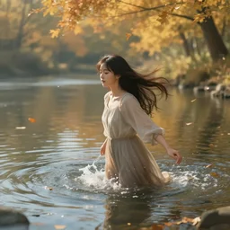 a beautiful woman turning into a peaceful river, it's autumn and a gentle breeze is moving leaves around, cinematic lighting, establishing shot, art station