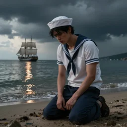full body portrait of sad sailor on his knees on a beach, looking with angst into the dark abys with looming dark clouds above reflecting onto the water, sailingship far in the background, by greg rutkowski, octane render, unreal engine, 8 k highly detailed, intricate details, cinematic lighting