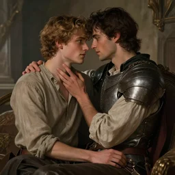 attractive arthur pendragon confesses his love to his attractive male knight, they are close to each other, in a quiet moment, they are wearing informal cloths, highly detailed, very intricate, cinematic lighting, by donato giancola and rossdraws and magali villenueve, featured on artstation