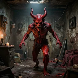 el diablo satanas [covered in wires] emerges from my disgusting room in the basement