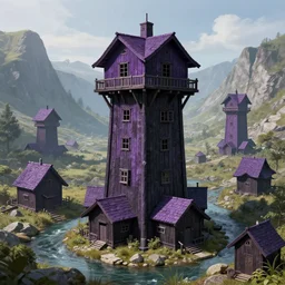 concept art, a wood purple black attic tower located in the mountain stream, in the center of a building group. large four corner attic building in the middle, and there are smaller attics and towers around, unreal engine, hyperdetailed, pixiv fanbox, artstation, 4 k