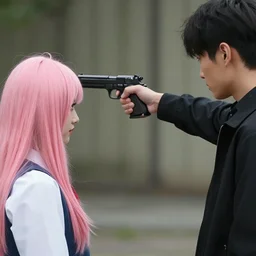 a man pointing a gun against the head of a girl wearing a pink wig.