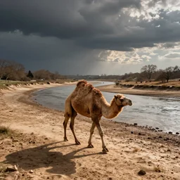 a camel walking along a dried up riverbed in london