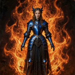 Gothic princess in dark and blue dragon armor. By Rembrandt painting (1667), fractal flame!!!!!, highly detailded