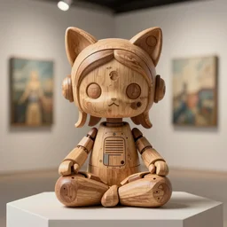 3D 8k octan render ,ultra photorealistic, detailed unreal engine ,a wooden sculpture wooden art toys wooden on feet very cute robot goddess of greek mythology wooden with cat ears , zen méditation cyberpunk concept art wooden ,trending on cgsociety, a contemporary art gallery art  in néo Paris