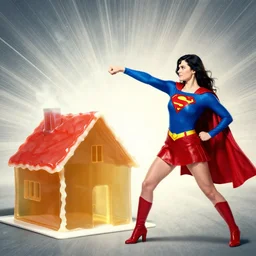 Superwoman punching a gelatin house