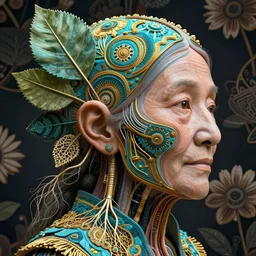 cinema 4d colorful render, organic, ultra detailed, of a beautiful old inuit woman face. biomechanical, analog, macro lens, beautiful natural soft rim light, big leaves and stems, roots, fine foliage lace, turquoise gold details, high fashion haute couture, art nouveau fashion embroidered,  intricate details, mesh wire, mandelbrot fractal, anatomical, facial muscles, cable wires, elegant, hyper realistic, in front of dark flower pattern wallpaper, ultra detailed