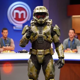 a photo of The Master Chief from Halo hosting an episode of The Master Chef