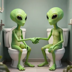 Two alien species sitting on the toilet while shaking hands over a peace treaty