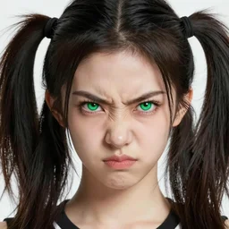 artstation young girl with green eyes and pigtails her head in fury, very detailed, , portrait, high contrast
