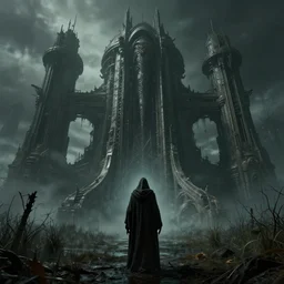 massive alien sci - fi gothic structure, swampy desolate landscape, horror vibe, scary, cloaked figure holding a stick, 3 d render, dramatic lighting, matte painting, low angle photo