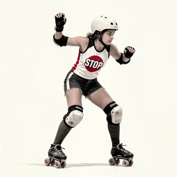 roller derby girl hockey Stop , full length portrait, logo, wearing skating helmet, wearing torn clothes, victory lap, Philippe Caza, 2 colour print