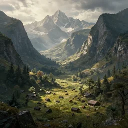 farms hidden in valley of large mountains, game of thrones, volumetric lighting, fantasy artwork, very beautiful scenery, very realistic painting effect, hd, hdr, cinematic 4 k wallpaper, 8 k, ultra detailed, high resolution, artstation