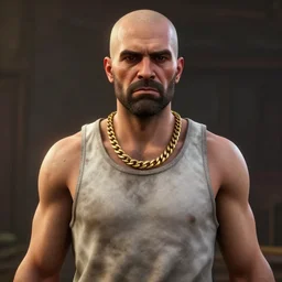 Screenshot of Carl Brutananadilewski from Aqua Teen Hunger Force as a 3d character in a dirty wife-beater tank-top with a cheap gold chain around his neck attire in the videogame 'Red Dead Redemption 2'. Carl has severe male patterned baldness. Sharpened. 1080p. High-res. Ultra graphical settings.
