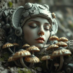 a bio - mechanical pretty sleeping giant woman with mushrooms as camouflage highly detailed, cinematic, perfect face, cyberpunk, fine details, studio lighting, subtle shadows, art by katsuya terada, photo - realism, hyper realism, octane render