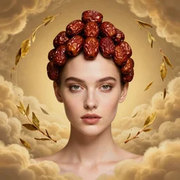 symmetrical beautiful female face supermodel with dried dates as a hat, golden tea leaves flying in circles in background with clouds by amy leibowitz, wlop, jeremy lipkin, beeple, intricate, artgerm, ilya kuvshinov, golden clouds background