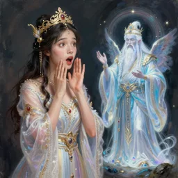magical genie next to a surprised shocked woman who is dressed as a genie, woman transformed into a genie, trick, fantasy painting, woman, octane render, emotional, fantasy, manga, concept art, pose, photorealistic, cover shot, intricate detailed environment. vogue, ( ( ( el dia los muertos ) ) ), 8 k, hd. by terry o'neill and artgerm and wlop and loish and rutkowski and mucha