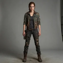 TLOU The Last Of Us Screenshot emma watson as ellie from The Last Of Us full body fashion model emma watson by Richard Schmid by Jeremy Lipking by moebius by atey ghailan very rusty very worn out very torn texture