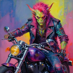 a medium shot of a scifi apocalyptic demonic orcish goblin biker character, cool pose, psychedelic vibrant colors, futuristic punk rock fashion, oil painting by michael whelan art, sharp focus, realistic, detailed eyes, 8 0 s hair, studded leather jacket, 8 k