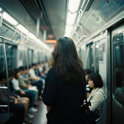 A portrait photography of a woman from behind standing inside a subway train. The train is full. Neo Tokyo style. Cinematic frame. Cinestill 800T film. Lens flare. Contrast. Film grain. Swirly bokeh.