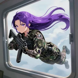 Android Military Policewoman with long purple hair and camoflauging dermal implants carrying a submachinegun and diving through a window, artstation, realism, anime