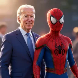cartoon of joe biden and peter parker standing proudly shoulder to shoulder ultra realistic, lens flare, atmosphere, glow, detailed, intricate, full of colour, cinematic lighting, trending on artstation, 4 k, hyperrealistic, focused, extreme details, unreal engine 5, cinematic, masterpiece, ultra realistic, hyper realistic, highly detailed, sharp focus, digital art