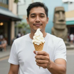 a man holding an ice cream cone with a moai 🗿 in it, 4 k photograph